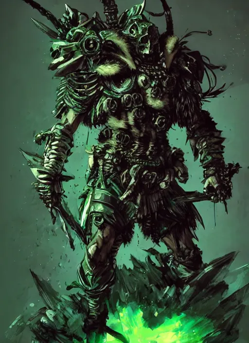 Prompt: Full body portrait of a gnoll warrior with a armour made of bones, emanating with green aura. In style of Yoji Shinkawa and Hyung-tae Kim, trending on ArtStation, dark fantasy, great composition, concept art, highly detailed, dynamic pose.