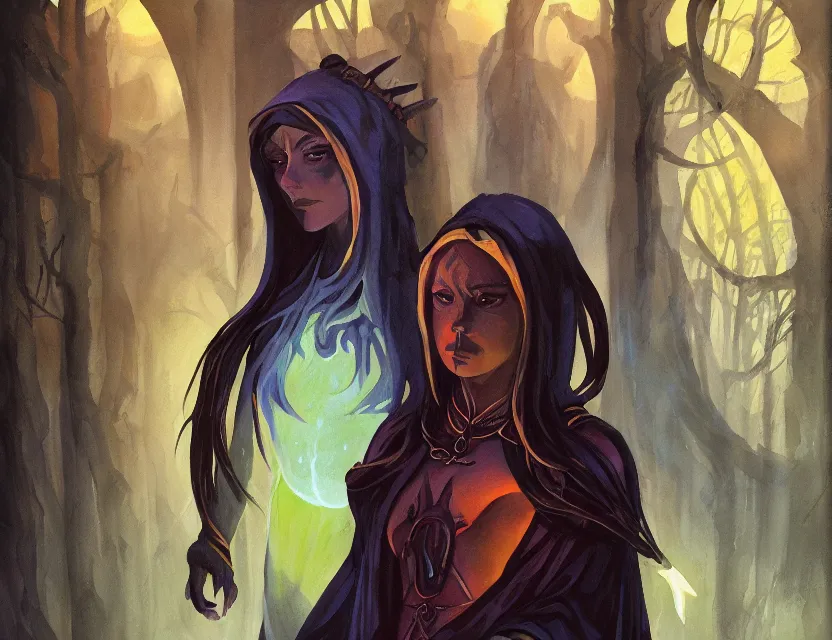 Image similar to priestess of akward. gouache painting by indie concept artist, chiaroscuro, bokeh, backlighting, field of depth