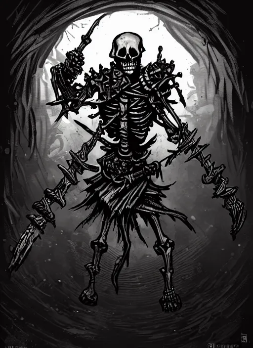 Prompt: concept art of a twisted skeleton warrior in darkest dungeon, highly detailed, dark atmosphere, cosmic horror, body horror, lovecraft mythos, key character poster