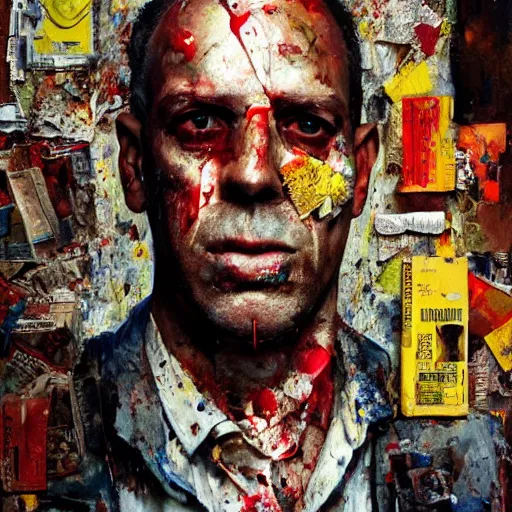 Prompt: hyperrealistic, photorealistic, mixed media oil painting of brother theodore, magazine scraps, plaster, blood, oil, mustard, cigarettes, splatter, trending on artstation, award - winning painting, greg rutkowski, basquiat, ralph steadman, terry gilliam