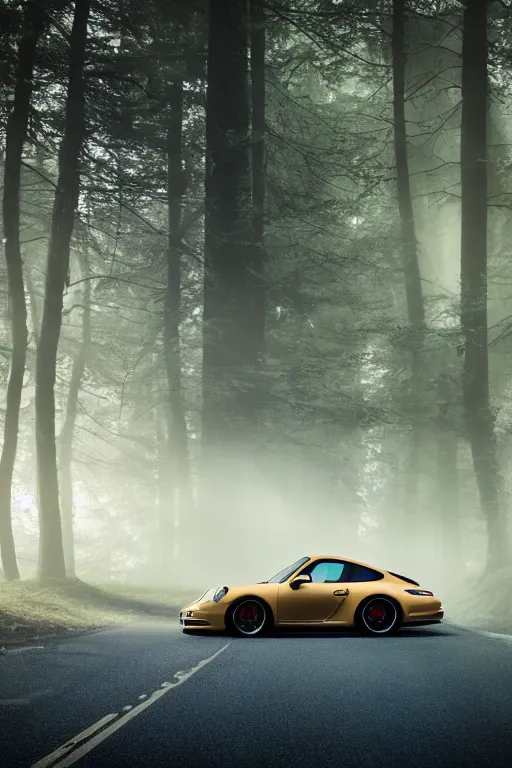 Image similar to Phot of a Porsche 911 Carrera 3.2 parked on a road, forest in the background, volumetric lighting, golden hour, fog, award winning, highly detailed, photo print.