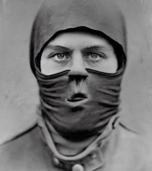 Image similar to a man distance wearing hooded mask covering his entire face, ww1 film photo, full body portrait at distance, grainy, high detail, high resolution