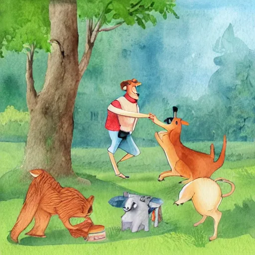 Prompt: Storybook illustration of anthropomorphic animals playing in the park, watercolor style