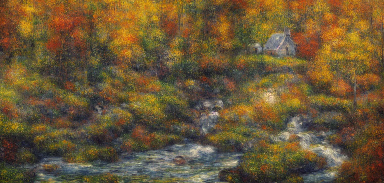 Prompt: a painting of sparse stone cottages underneath a dense forest, with a cascading river and pristine reflect. gorgeous, elegant, sophisticated, an ultrafine painting, intricate brused strokes, bright depth oil colors, by renoir and araken alcantara, mist diffuse promiseful illumination, autumn sunrise warm light, detailed and intricate environment of hopeful bodyscapes