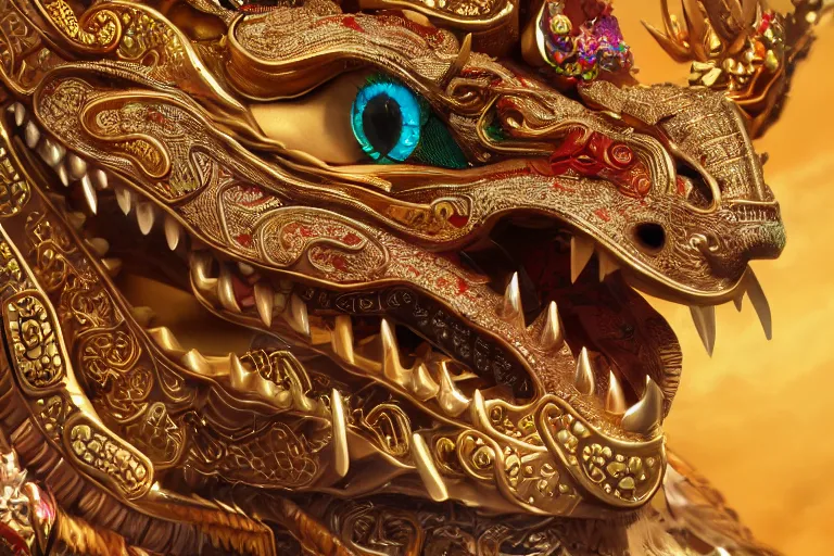 Prompt: cinematic closeup portrait of a golden chinese dragon intricately decorated with colorful jewels, bokeh, sunlit, godrays, detailed textures, dramatic lighting, unreal engine, cgsociety, artstation, 4k