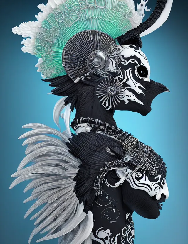 Prompt: 3 d goddess close - up profile simple portrait punk with mohawk with ram skull. beautiful intricately detailed japanese crow kitsune mask and clasical japanese kimono. betta fish, jellyfish phoenix, bio luminescent, plasma, ice, water, wind, creature, artwork by tooth wu and wlop and beeple and greg rutkowski