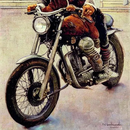 Prompt: a portrait of a bunny riding a motorcycle, oil painting, detailed, beautiful, by norman rockwell