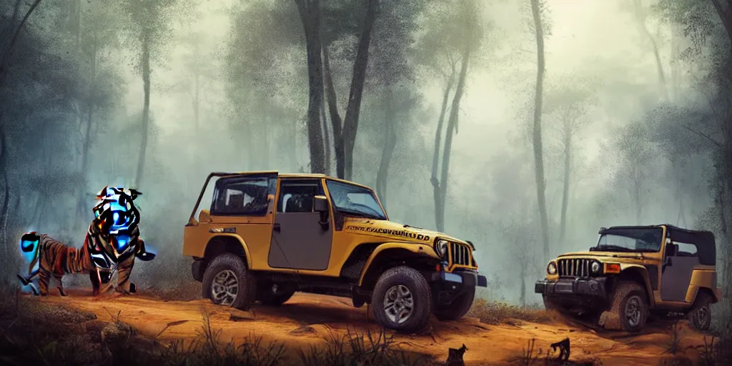 Image similar to Mahindra thar, in kerala forest, tigers and lions chasing, action scene, an epic fantasy, dramatic lighting, cinematic, establishing shot, extremely high detail, photorealistic, cinematic lighting, matte painting, artstation, by simon stalenhag, horizon forbideen west