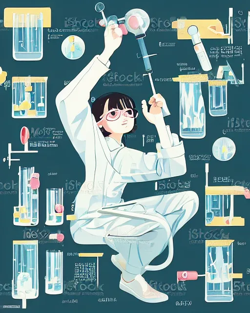 Image similar to a little girl in science lab experiment test tube microscope map. clean cel shaded vector art. minimalist illustration art by lois van baarle, artgerm, helen huang by makoto shinkai and ilya kuvshinov, rossdraws