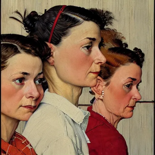 Image similar to Frontal portrait of a gang of semi-sentient women. Painting by Norman Rockwell.