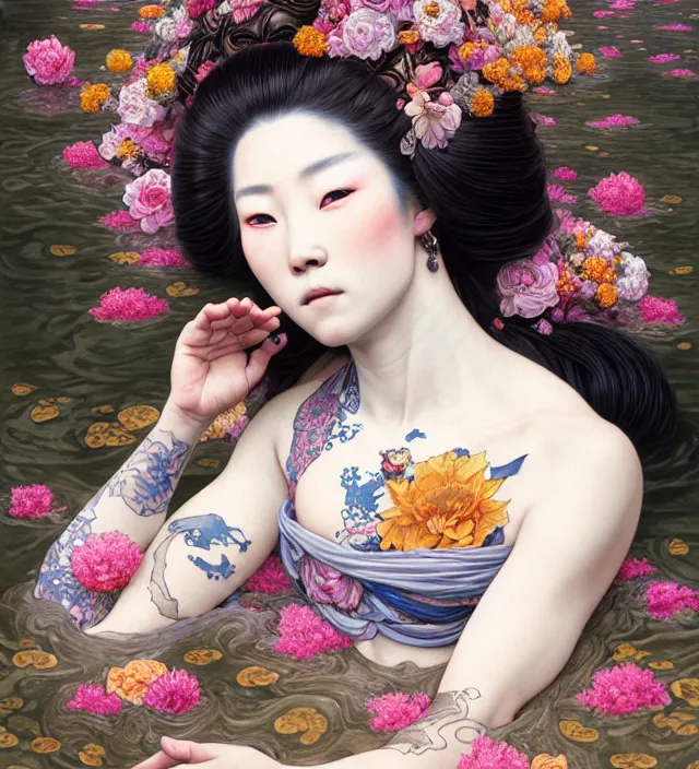 Prompt: baroque portrait of one yakusa biomechanic geisha with tattoos is lying down in a river made of thousand of flowers, backlighting, photorealistic, octane render, 8 k, depth of field, art by artgerm and greg rutkowski and alphonse mucha and uang guangjian