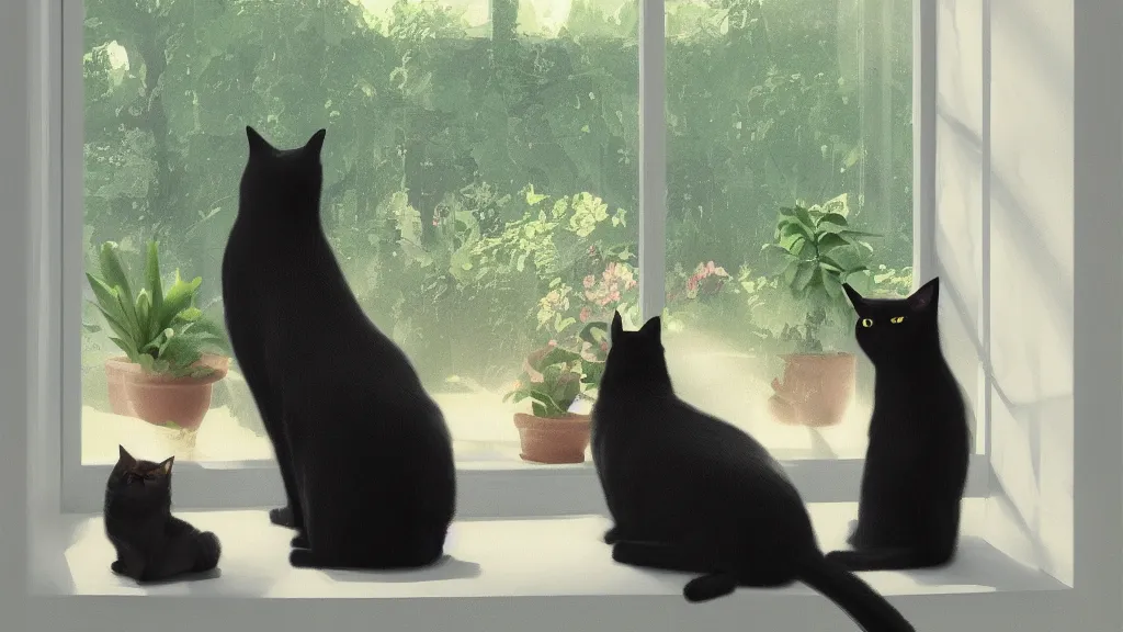 Image similar to peaceful dreamy painting of a black cat and a tabby cat looking at each other through a window, sunshine coming through the window, small plants on the window sill, 8k, hyper realism, trending on artstation, octane render