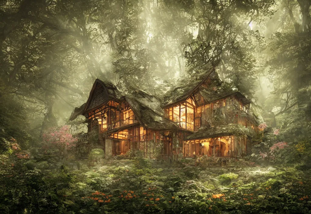 Image similar to a house sitting in a forest, wallpaper, ornate, beautiful, atmosphere, vibe, flowers, concept art illustration, color page, 4 k, tone mapping, doll, akihiko yoshida, james jean, andrei riabovitchev, marc simonetti, yoshitaka amano, digital illustration, greg rutowski, volumetric lighting, sunbeams, particles