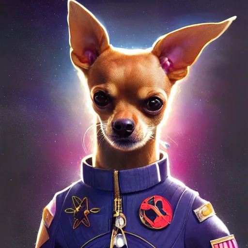 Image similar to A chihuahua as a space captain, intricate suit, cinematic lighting, highly detailed, digital painting, artstation, concept art, smooth, sharp focus, illustration, art by Artgerm and Greg Rutkowski