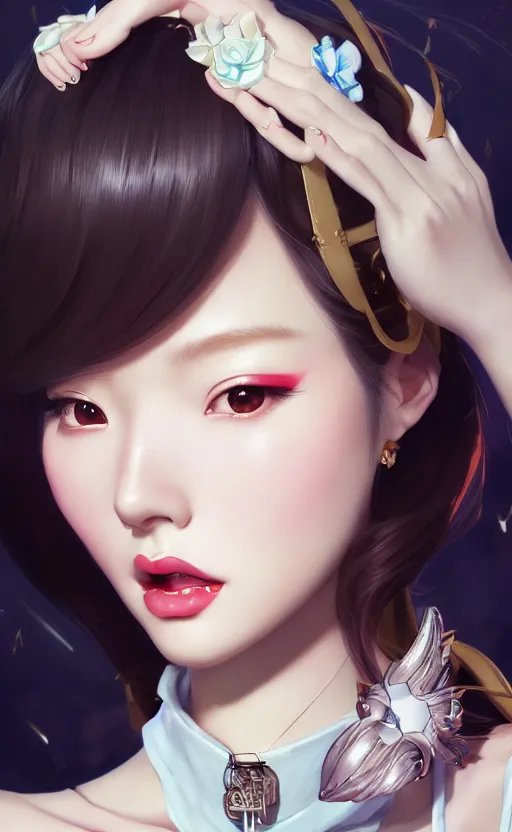 Image similar to a pin up and beautiful fashion charming dreamlke korea girl with lv jewelry, character art, art by artgerm lau and kyoung hwan kim and and ilya kuvshinov and john singer sargent, hyperdetailed, 8 k realistic, symmetrical, frostbite 3 engine, cryengine, dof, trending on artstation, digital art