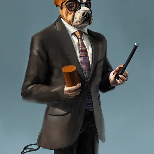 Image similar to a dog wearing a business suit smoking a cigar, dramatic lighting, cinematic, establishing shot, extremly high detail, photorealistic, cinematic lighting, concept art, artstation, style by greg rutkowsky