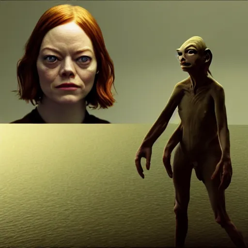 Image similar to emma stone is gollum, emma stone is smeagol, no hair, 8k detail, hyper realistic, cinematic photo