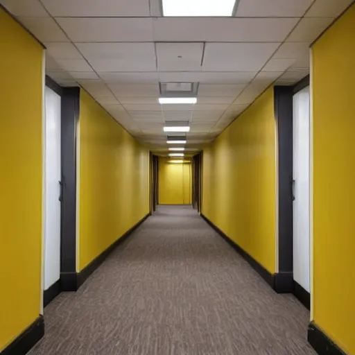 Prompt: a photo of an empty hallway with brown carpet, fluorescent lights and walls with yellow wallpaper on them