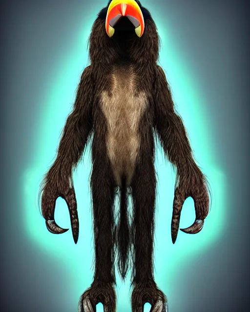 Image similar to realistic bipedal sloth character, long curly fur, full skull shaped face cover, mage robe based on a toucan, 6 toucan beaks, in the style of h. r. giger, stylized, video animation, hogwarts legacy, chromatic aberration, super natural, neon glow