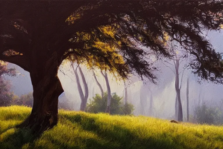 Image similar to masterpiece painting of oak trees on a hillside overlooking a creek, dramatic lighting, by alena aenami