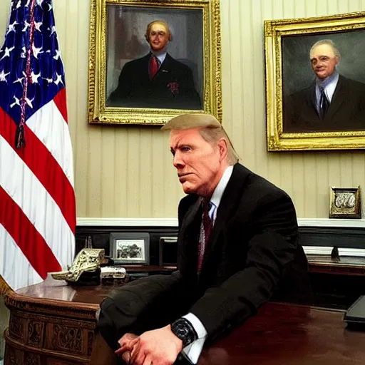 Prompt: senator armstrong from metal gear rising revengeance sitting behind resolute desk, oil painting, presidential portrait, oval office