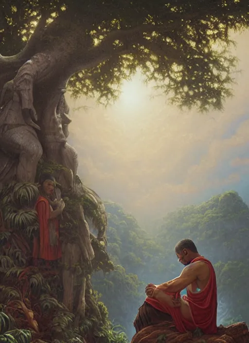 Prompt: an indigenous man sitting and praying in the jungle, while old faces of his ancestors watch over him in the clouds, art by christophe vacher