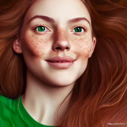 Image similar to beautiful hyperrealism hyperdetailed selfie of a cute young woman smiling softly, long light bronze brown hair, flushed face, red blush, light freckles, soft features, emerald green eyes, 8 k, sharp focus, art by irakli nadar