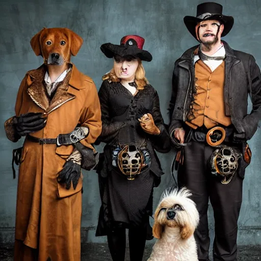 Image similar to portrait of a ragtag team of three dogs dressed as thieves in a dark haunted steampunk setting