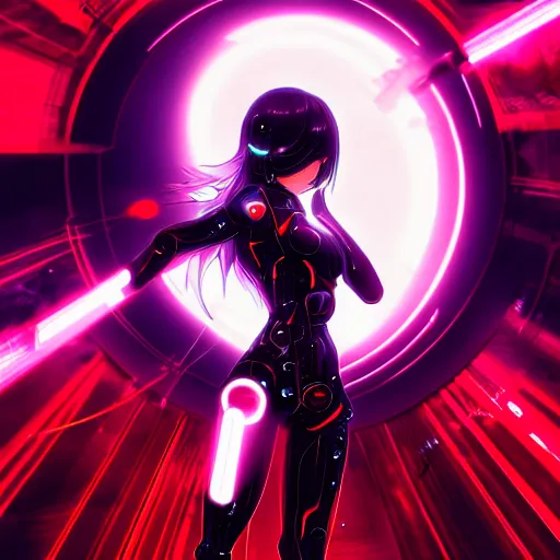 Prompt: digital anime, cyborg - girl standing in the middle of the street bending and refracting light around her, motion blur, refracting image, bending lens, black red long hair!, biomechanical details, neon background lighting, reflections, wlop, ilya kuvshinov, artgerm