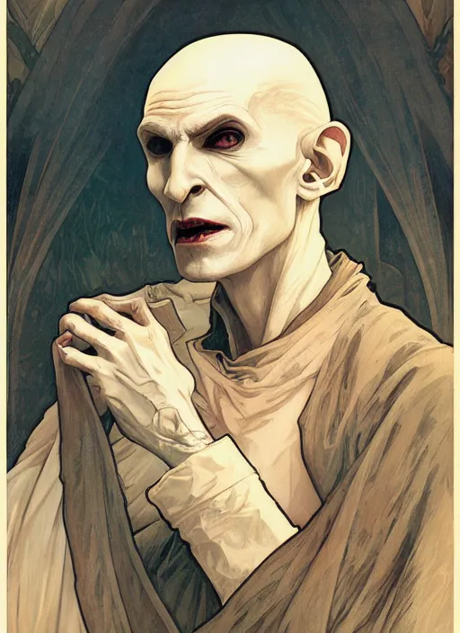 Image similar to portrait of nosferatu, illustration, art by artgerm and greg rutkowski and alphonse mucha