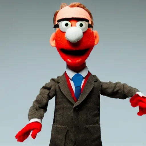 Image similar to Bob Odenkirk as Saul Goodman realistic Muppet puppet, wide lens, diorama, 4k,