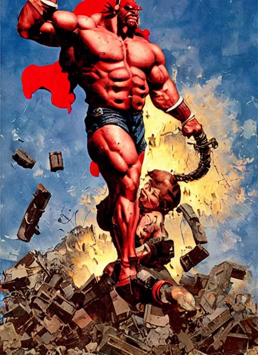 Prompt: full body and head portrait of enormous muscular hellboy wearing tattered trench coat, explosion and debris in the background, dynamic action, painted by norman rockwell and phil hale and greg staples and tom lovell and frank schoonover and jack kirby, movie