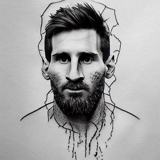 Image similar to realistic tattoo sketch of a lionel messi face double exposure mountain scenery, in the style of matteo pasqualin, amazing detail, sharp, faded