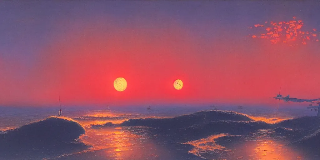 Image similar to awe inspiring bruce pennington landscape, digital art painting of 1 9 6 0 s, japan at night, red sunset, 4 k, 8 k, detailed