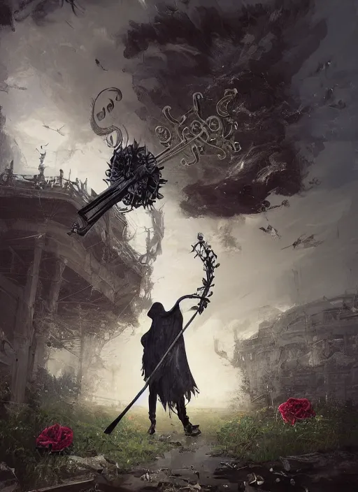 Prompt: grim reaper + scythe and black rose + kodachrome, 2 d, 3 d, ray tracing global illumination, insanely detailed and intricate, hypermaximalist, elegant, ornate, hyper realistic, super detailed : : by ismail inceoglu, by john constable