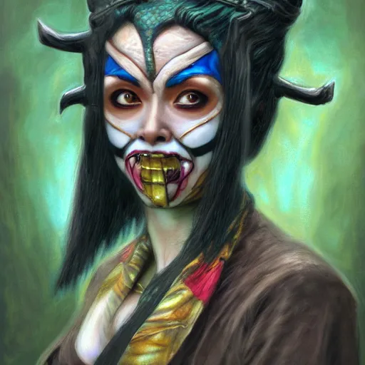 Prompt: realistic Portrait painting of Kuchisake-onna as Lady Loki, made by Gustave Dore and Thomas Kinkade, physical painting, Sharp focus,digital art, bright colors,fine art, trending on Artstation, unreal engine.