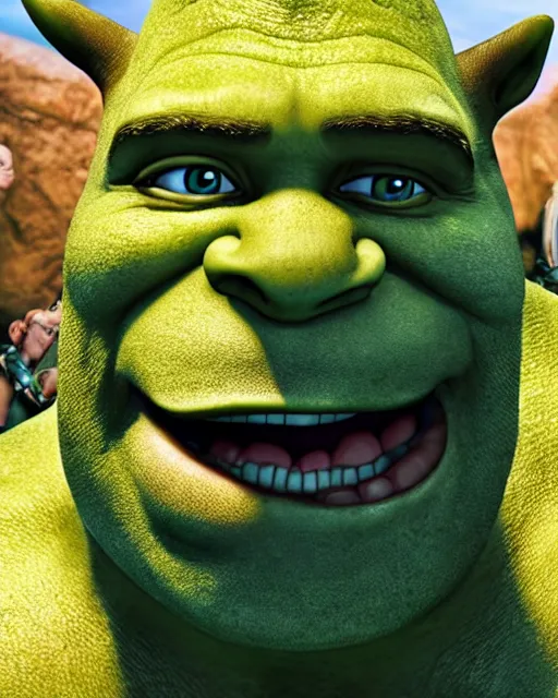Prompt: film still close up shot of dwayne johnson as shrek from the movie shrek the third. photographic, photography