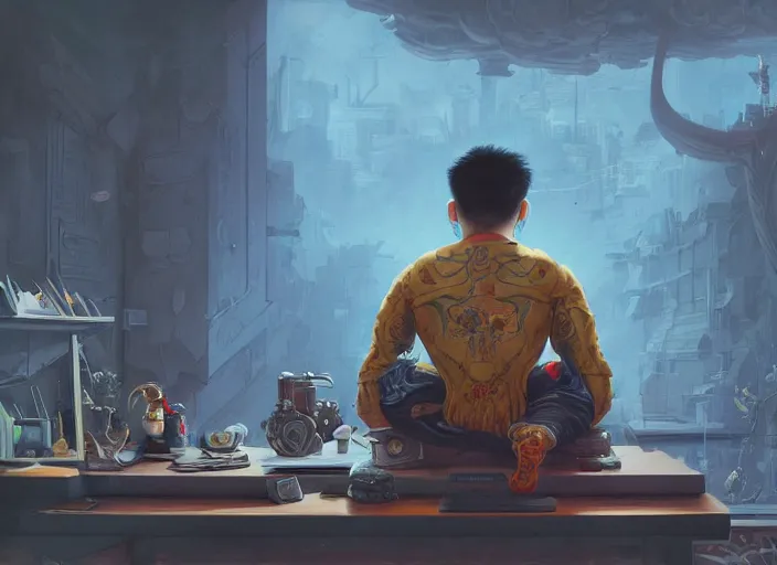 Image similar to an insanely detailed painting of an asian man wearing a homemade superhero costume, sitting at a desk, staring seriously at the computer and typing, in the style of peter mohrbacher, james jean, ruan jia, dramatic lighting and composition, surreal background, octane render, pixar, trending on artstation, concept art, comic book, view from behind, 8 k