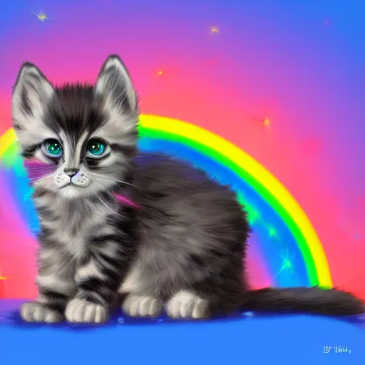 Prompt: of a very proud fluffy rainbow kitten with a glowing rainbow aura, digital art