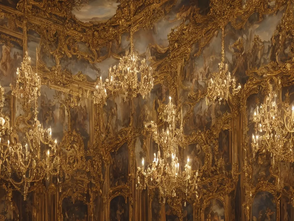 Image similar to Supernatural Phenomena in an Opulent French Baroque Ballroom, Hyperrealism