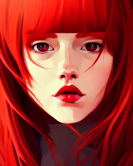 Image similar to a detailed portrait of a beautiful! woman with red hair and freckles by ilya kuvshinov, digital art, dramatic lighting, dramatic angle