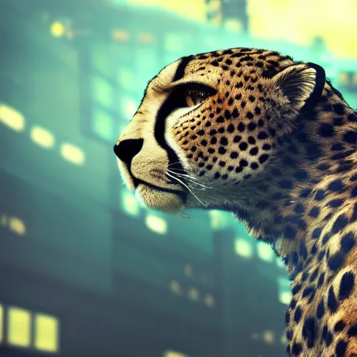 Image similar to closeup profile shot of a cybernetic cheetah, city lights, strong bokeh, dramatic, cinematic, high contrast, octane render, artstation, 4k