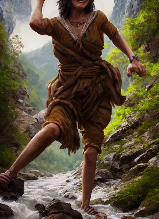 Prompt: photo of a gorgeous old young woman dressed as a man, climbing a river in tribal mountains the style of stefan kostic, realistic, sharp focus, 8k high definition, insanely detailed, intricate, elegant, art by stanley lau and artgerm