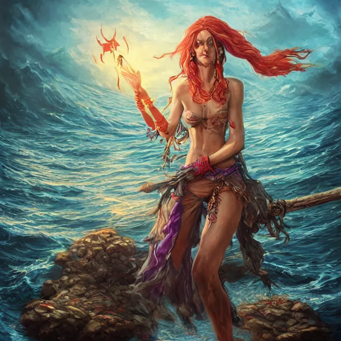 Prompt: sea witch pirate casting a spell in the water, d & d style, trending on artstation, intricate, highly detailed, vivid painting, colorful, art by alexandr leskinen