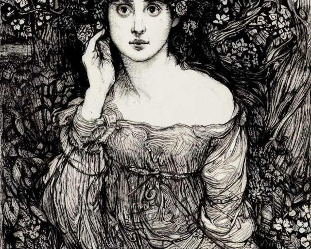 Image similar to ophelia by john everett millais, illustrated in the style of aubrey beardsley, black ink, decadent, floral, intricate line art