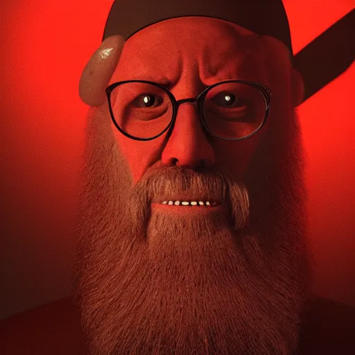 Prompt: A portrait of a Rabbi that the devil looking at the camera in anger, satan, dark, ominous, haunting, sinister, close-up, studio lighting, realism, 8k, 3D render, octane 3D, maya, cinema 4D, Blender, red lighting, scary, horror, dark,