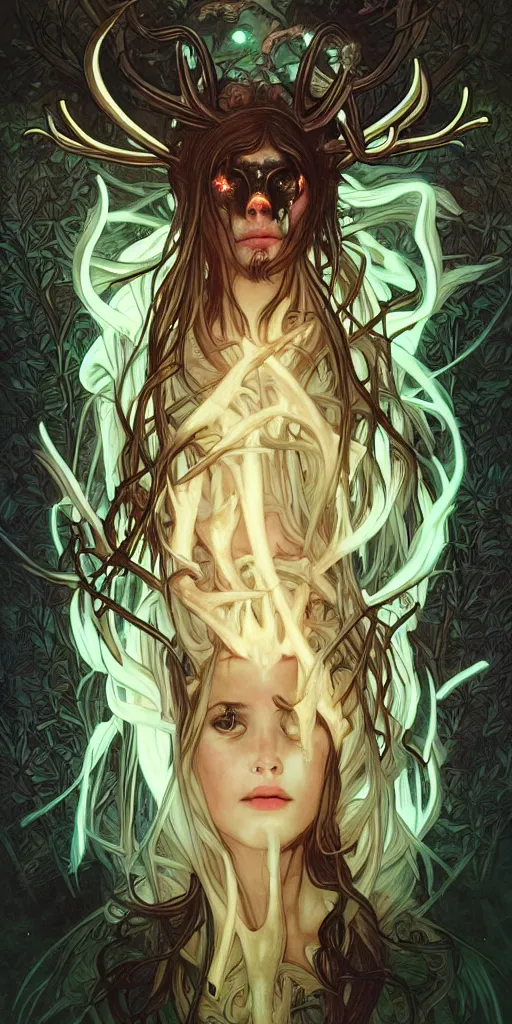 Prompt: intense bioluminescent glowing pagan god with antlers and tusks and pure black eyes in very dark forest by artgerm and alphonse mucha, portrait, fantasy, clear, light beams, lens flare, intense, uhd, amazing depth, cinematic lighting