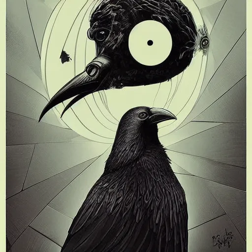 Image similar to a simple crow painting by Android Jones and M. C. Escher collaboration, futurist, digital art, dramatic lighting