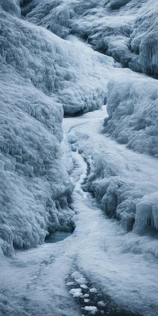 Image similar to dream looking through a hyper realistic photograph of a frozen icy canyon, minimal structure, misty, raining, meditative, timed exposure, icelandic valley, river, in the style of reuben wu, roger deakins