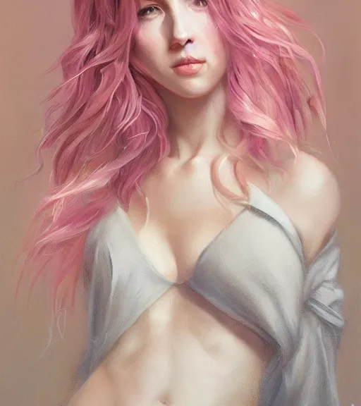 Image similar to full portrait of a young, attractive woman, soft hair, muscular, half body, cloth, pink hair, d & d, fantasy, intricate, elegant, highly detailed, digital painting, artstation, concept art, smooth, sharp focus, illustration, art by artgerm and greg rutkowski and alphonse mucha